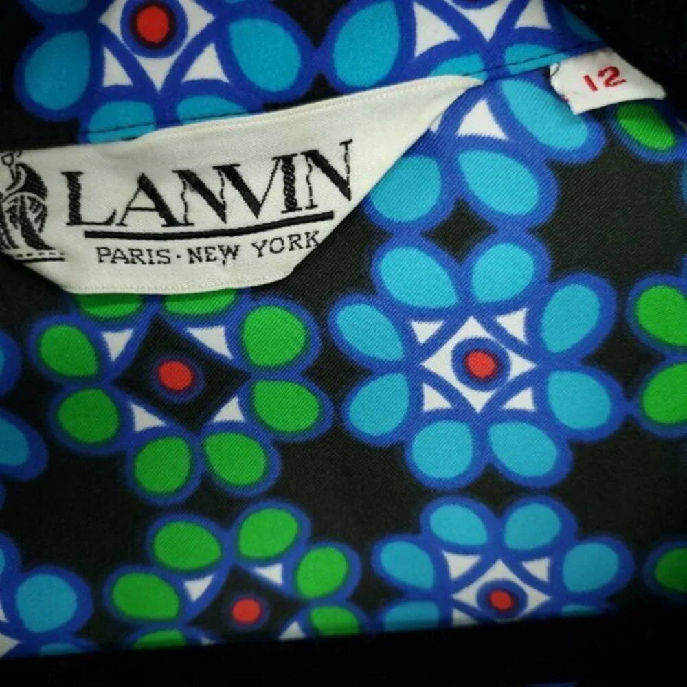 VTG Lanvin Spread Collar Patterned Self-Belt Shirt Dress M/L Blue/Green Print